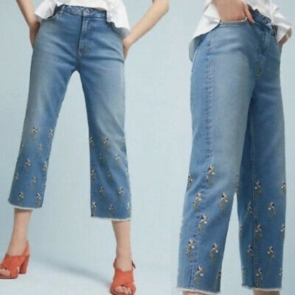 Anthropologie Pilcro Floral Embroidered Straight Leg Cropped Jeans 25 - Picture 1 of 14